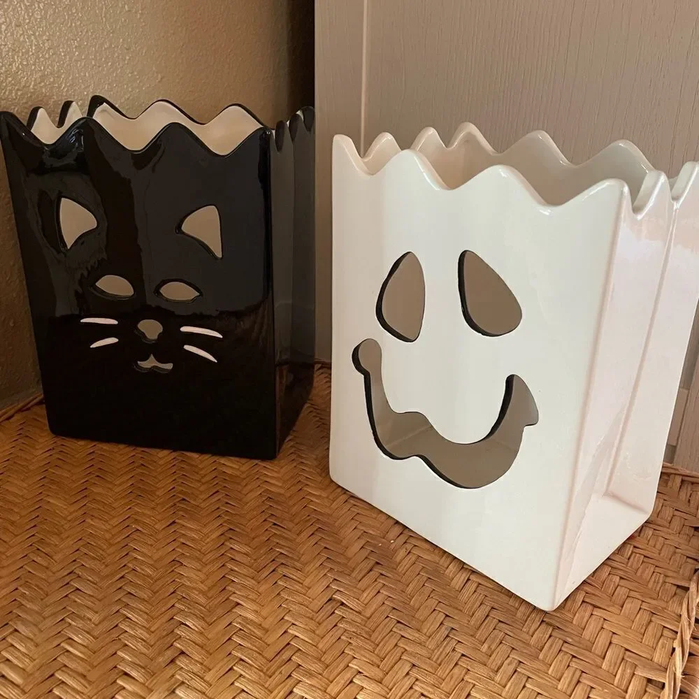 Harry and David Vintage Ghost and Black Cat Large Ceramic Tea Light Candle Boxes